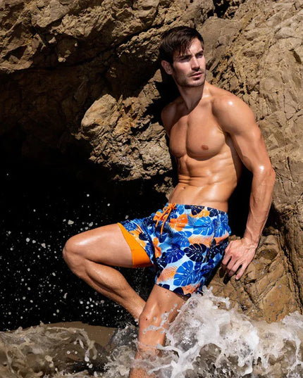 Men's Swim Shorts with a Tropical Print and Hidden Pocket