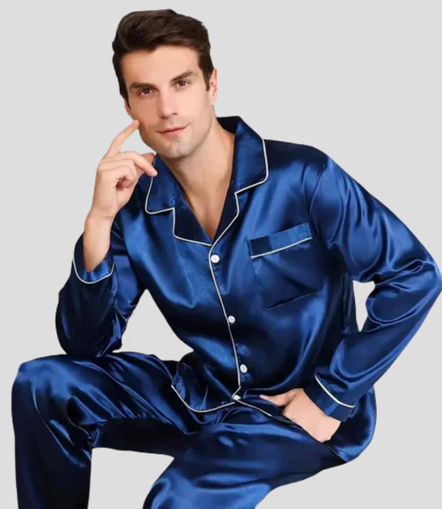 Men's Two-Piece Satin Pajamas with a Pocket Detail
