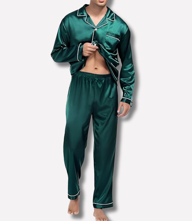 Men's Two-Piece Satin Pajamas with a Pocket Detail