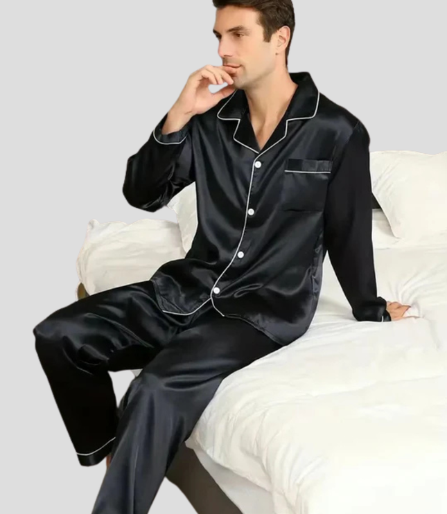 Men's Two-Piece Satin Pajamas with a Pocket Detail