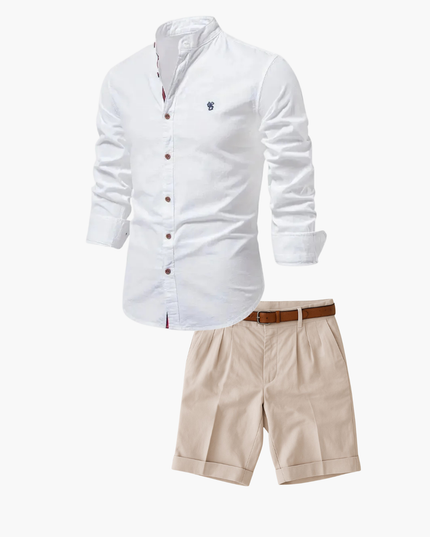 Men's Two-Piece Set with a Mandarin Collar Shirt and Shorts