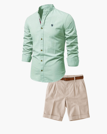 Men's Two-Piece Set with a Mandarin Collar Shirt and Shorts