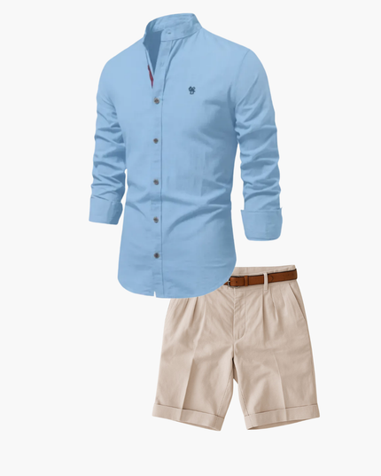 Men's Two-Piece Set with a Mandarin Collar Shirt and Shorts