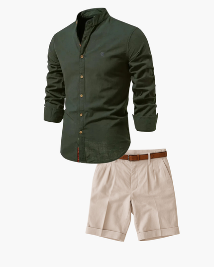Men's Two-Piece Set with a Mandarin Collar Shirt and Shorts