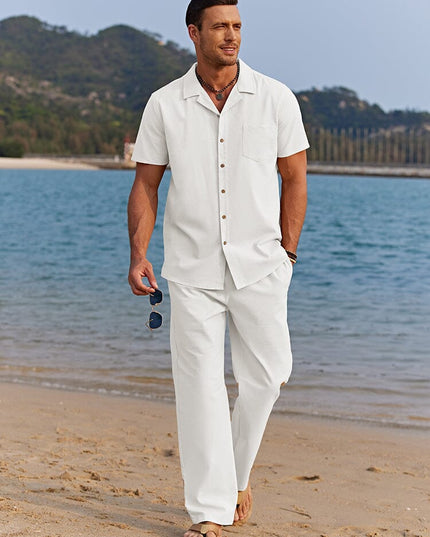 Men's Two-Piece Summer Set with Camp Collar Shirt and Trousers