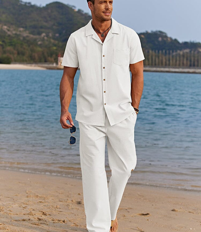 Men's Two-Piece Summer Set with Camp Collar Shirt and Trousers