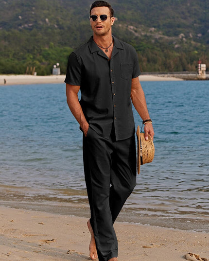 Men's Two-Piece Summer Set with Camp Collar Shirt and Trousers