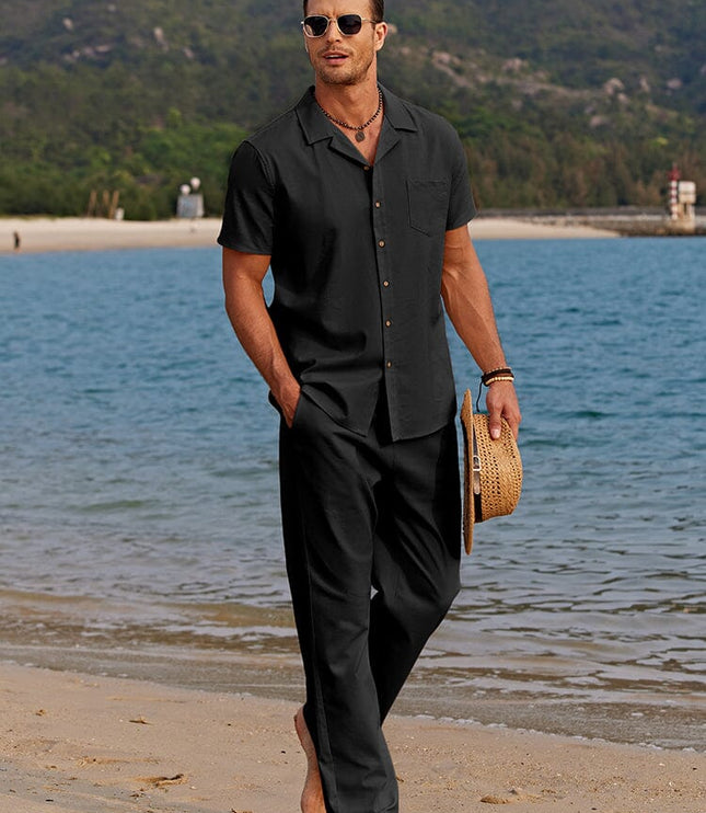 Men's Two-Piece Summer Set with Camp Collar Shirt and Trousers