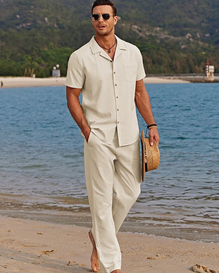 Men's Two-Piece Summer Set with Camp Collar Shirt and Trousers