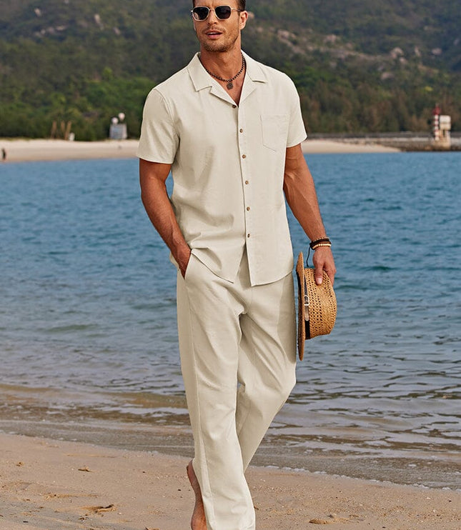 Men's Two-Piece Summer Set with Camp Collar Shirt and Trousers