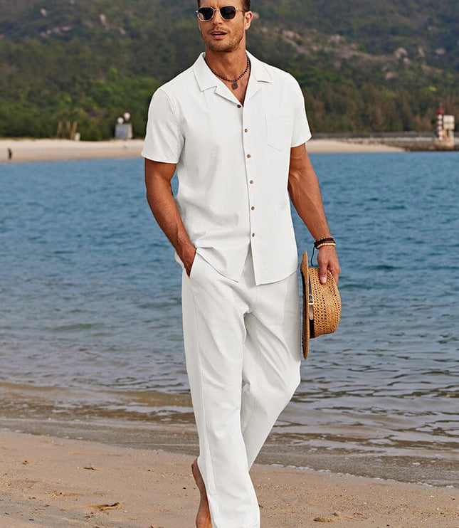 Men's Two-Piece Summer Set with Camp Collar Shirt and Trousers