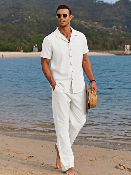 Men's Two-Piece Summer Set with Camp Collar Shirt and Trousers