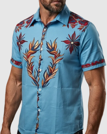 Men's Western Floral Print Short Sleeve Summer Shirt