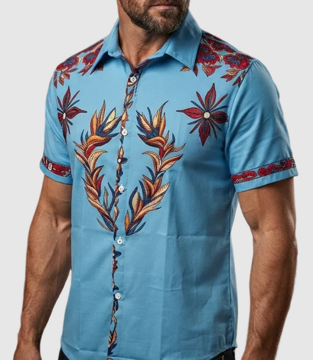 Men's Western Floral Print Short Sleeve Summer Shirt