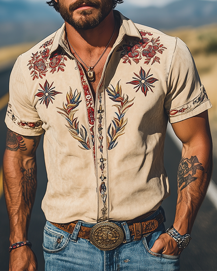 Men's Western Floral Print Short Sleeve Summer Shirt