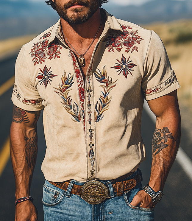 Men's Western Floral Print Short Sleeve Summer Shirt