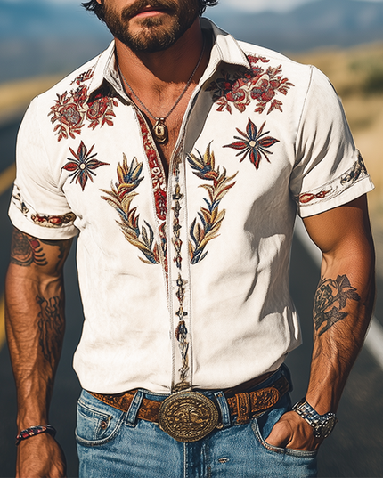 Men's Western Floral Print Short Sleeve Summer Shirt