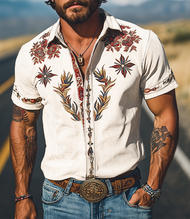 Men's Western Floral Print Short Sleeve Summer Shirt