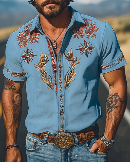 Men's Western Floral Print Short Sleeve Summer Shirt