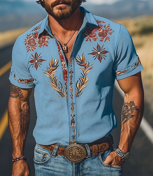 Men's Western Floral Print Short Sleeve Summer Shirt