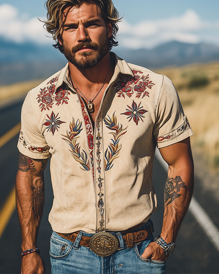 Men's Western Floral Print Short Sleeve Summer Shirt