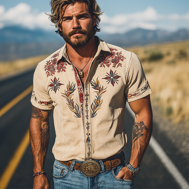 Men's Western Floral Print Short Sleeve Summer Shirt