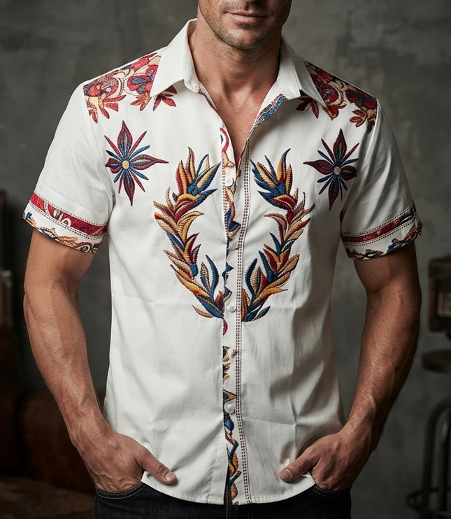 Men's Western Floral Print Short Sleeve Summer Shirt