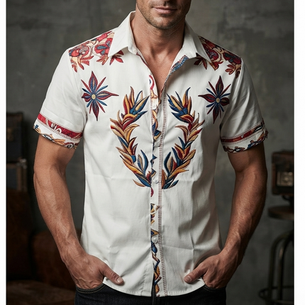Men's Western Floral Print Short Sleeve Summer Shirt