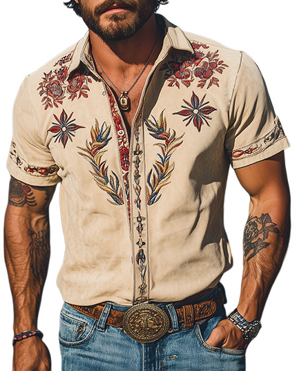 Men's Western Floral Print Short Sleeve Summer Shirt