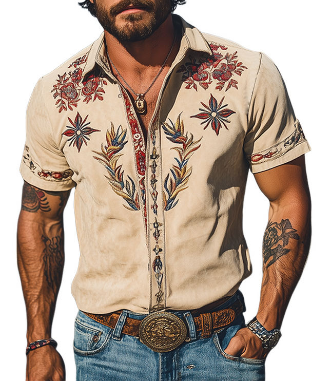 Men's Western Floral Print Short Sleeve Summer Shirt