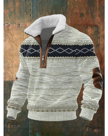Men's Zip Sweater with a Sherpa Collar and Elbow Patches