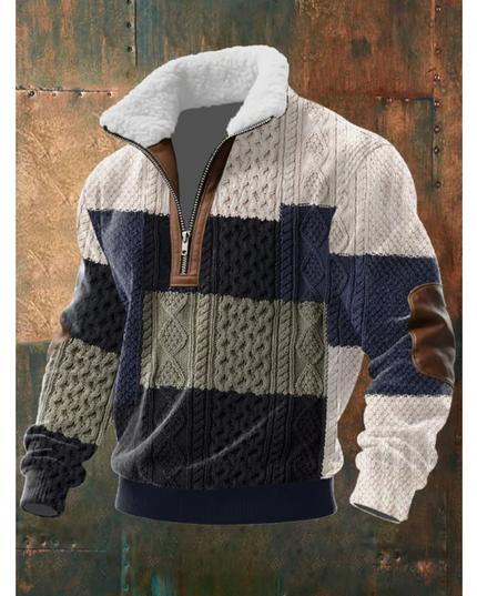 Men's Zip Sweater with a Sherpa Collar and Elbow Patches