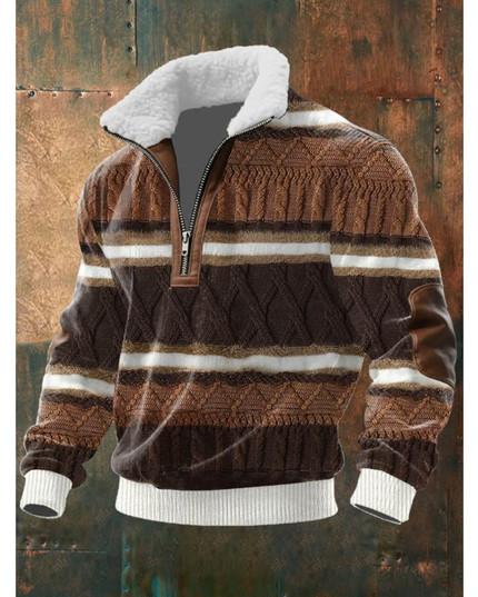 Men's Zip Sweater with a Sherpa Collar and Elbow Patches