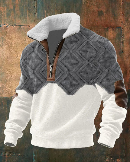 Men's Zip Sweater with a Sherpa Collar and Elbow Patches