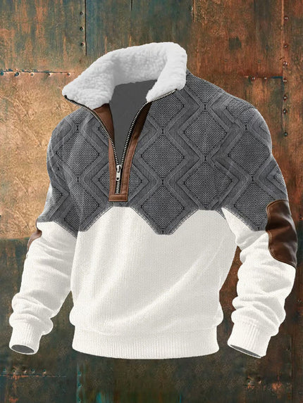 Men's Zip Sweater with a Sherpa Collar and Elbow Patches