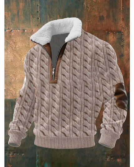 Men's Zip Sweater with a Sherpa Collar and Elbow Patches