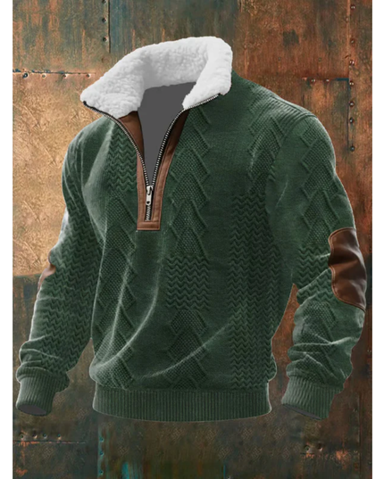 Men's Zip Sweater with a Sherpa Collar and Elbow Patches
