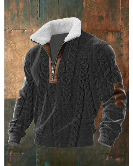 Men's Zip Sweater with a Sherpa Collar and Elbow Patches
