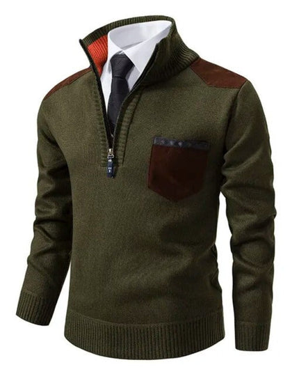 Men's Zip-Up Sweater with a Contrast Shoulder Patch