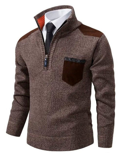 Men's Zip-Up Sweater with a Contrast Shoulder Patch