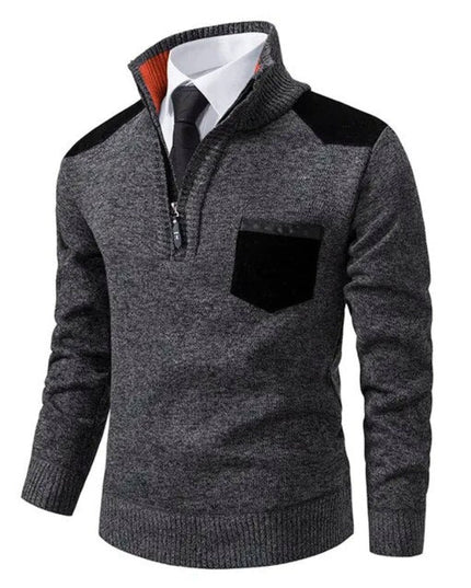 Men's Zip-Up Sweater with a Contrast Shoulder Patch