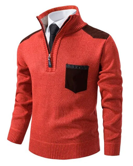 Men's Zip-Up Sweater with a Contrast Shoulder Patch
