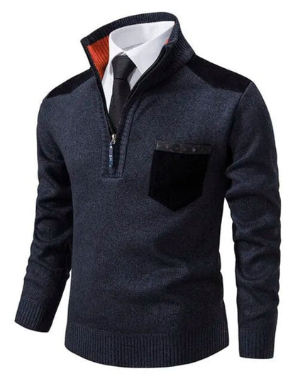 Men's Zip-Up Sweater with a Contrast Shoulder Patch