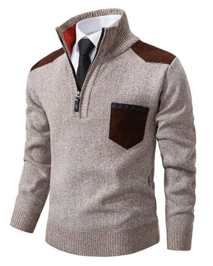 Men's Zip-Up Sweater with a Contrast Shoulder Patch