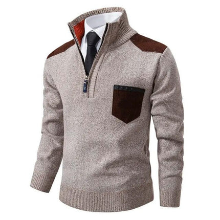 Men's Zip-Up Sweater with a Contrast Shoulder Patch