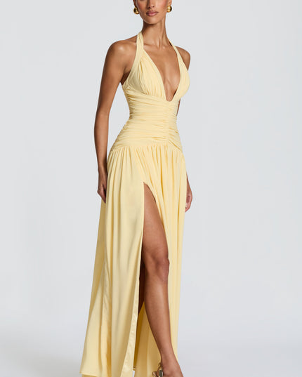Women Bridesmaid Plunge Halter Maxi Dress