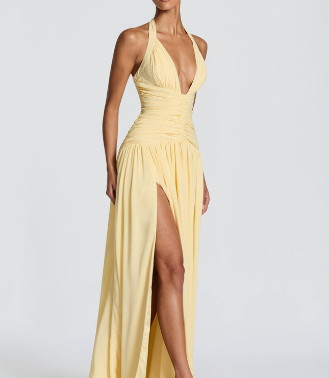 Women Bridesmaid Plunge Halter Maxi Dress