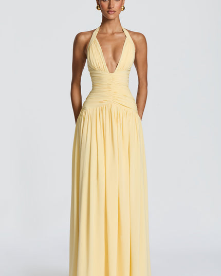 Women Bridesmaid Plunge Halter Maxi Dress