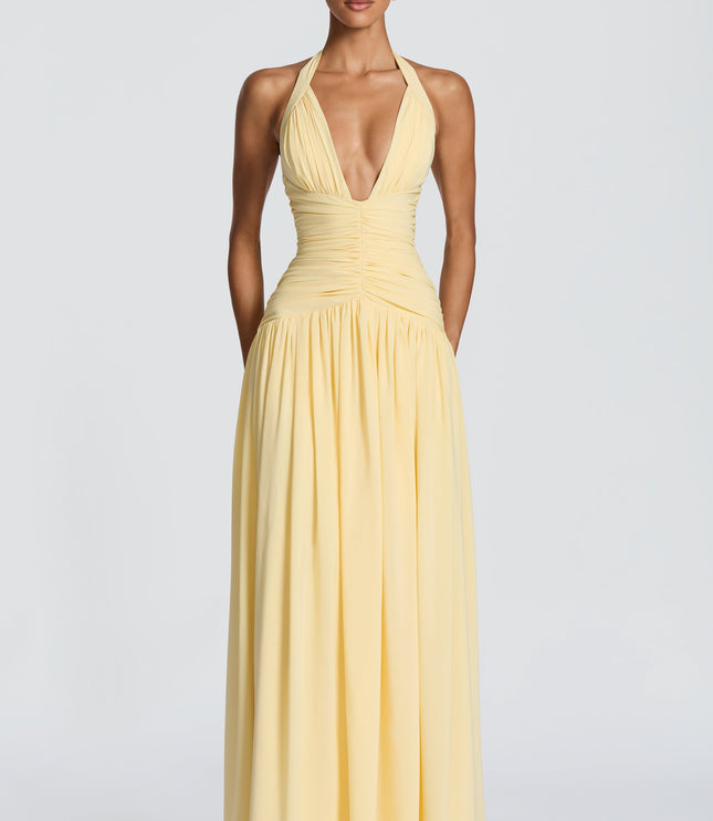 Women Bridesmaid Plunge Halter Maxi Dress