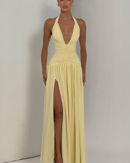 Women Bridesmaid Plunge Halter Maxi Dress